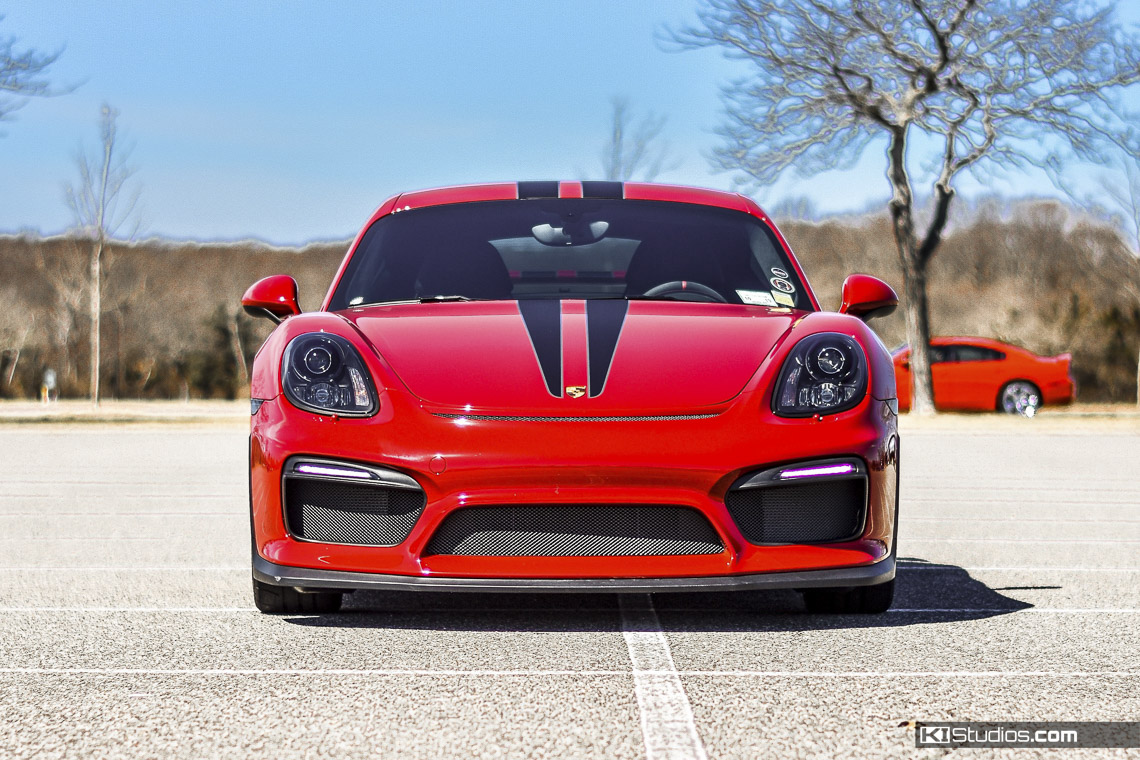 Porsche Cayman GT4 Stripes by KI Studios Black with Outline on Guards Red