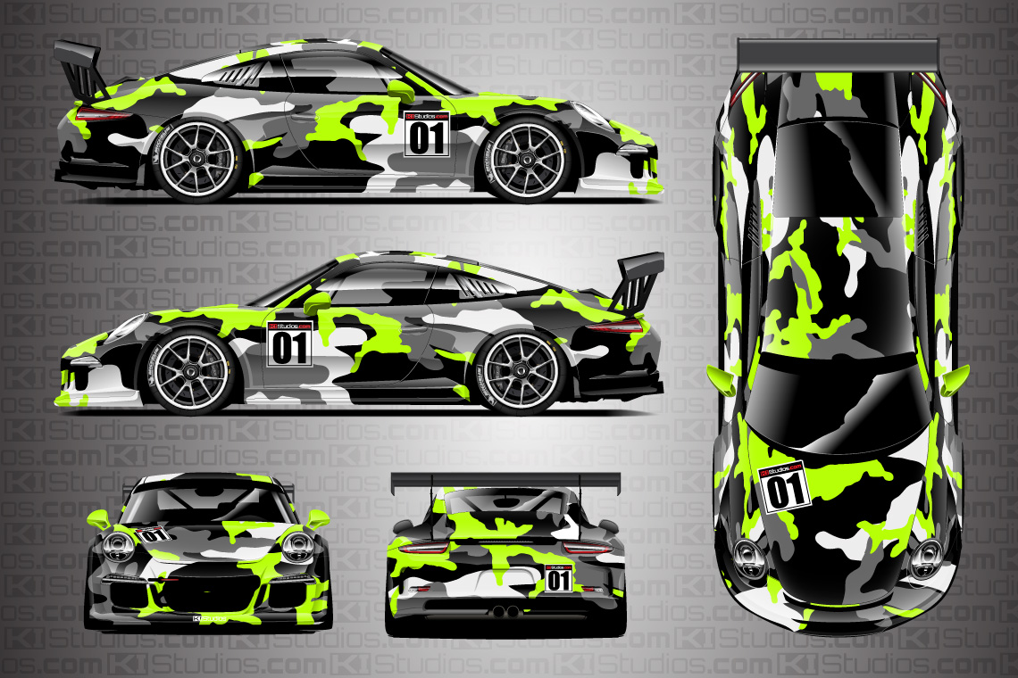 Porsche 911 Race Car Camo Wrap - Covert in Lime Green by KI Studios