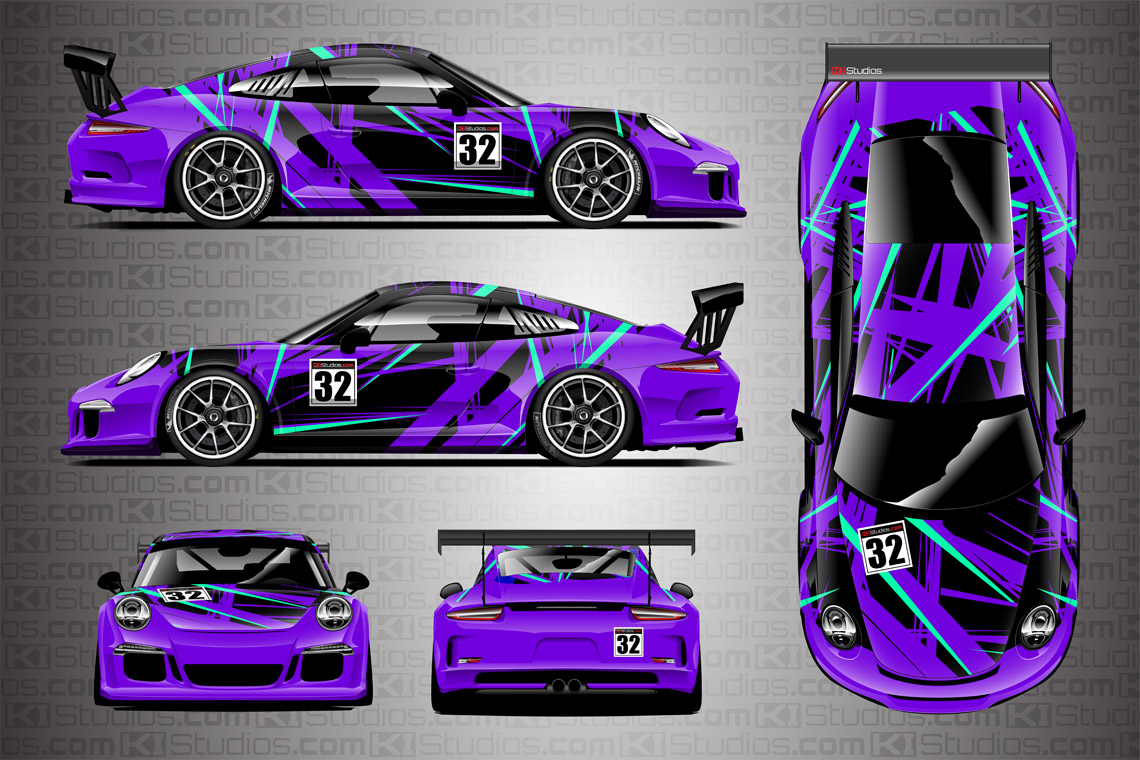 Porsche Cup Racing Livery "Shredded" by KI Studios in color combo: black, sky blue and purple