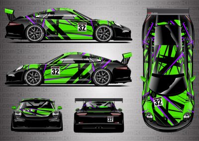 Porsche Cup Racing Livery "Shredded" by KI Studios in color combo: lime green, purple and black