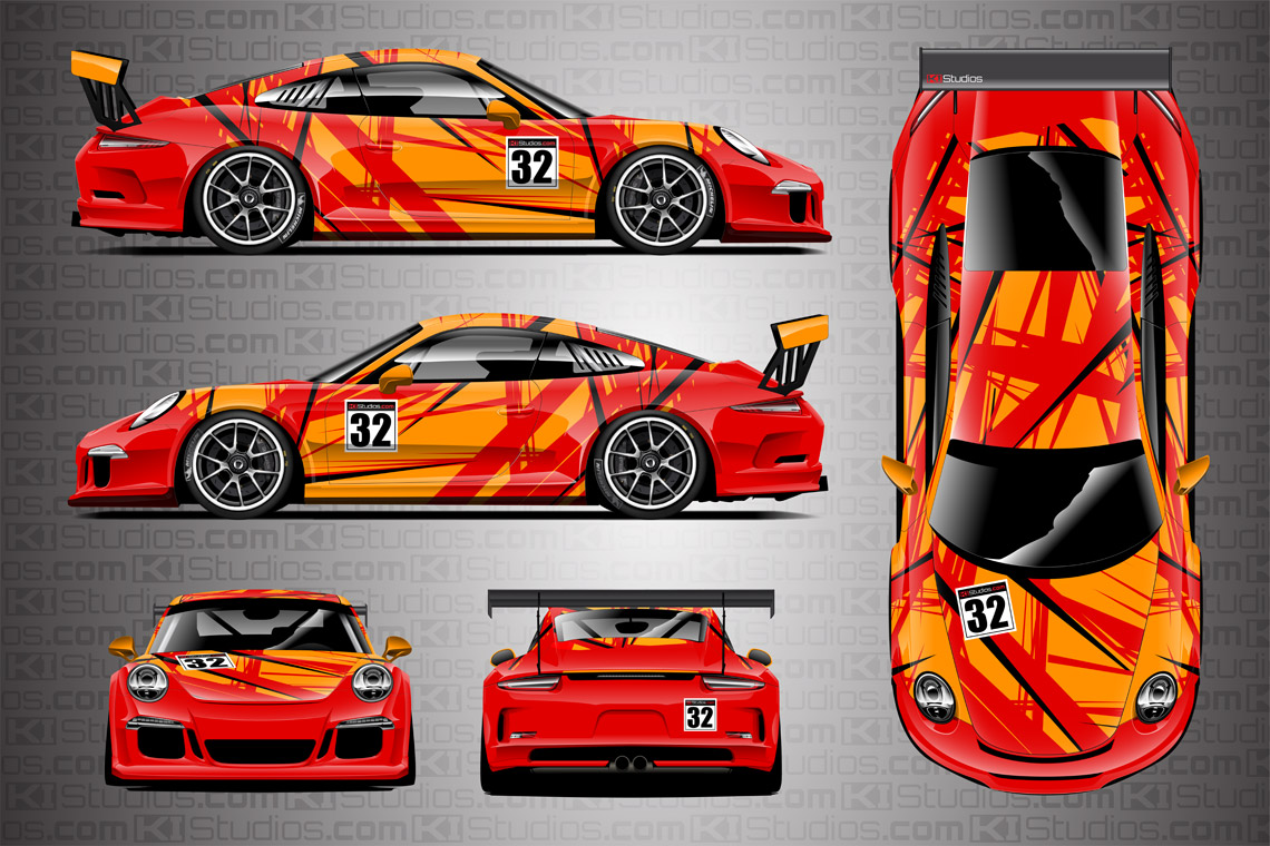 Porsche Cup Racing Livery "Shredded" by KI Studios in color combo: orange, black and red