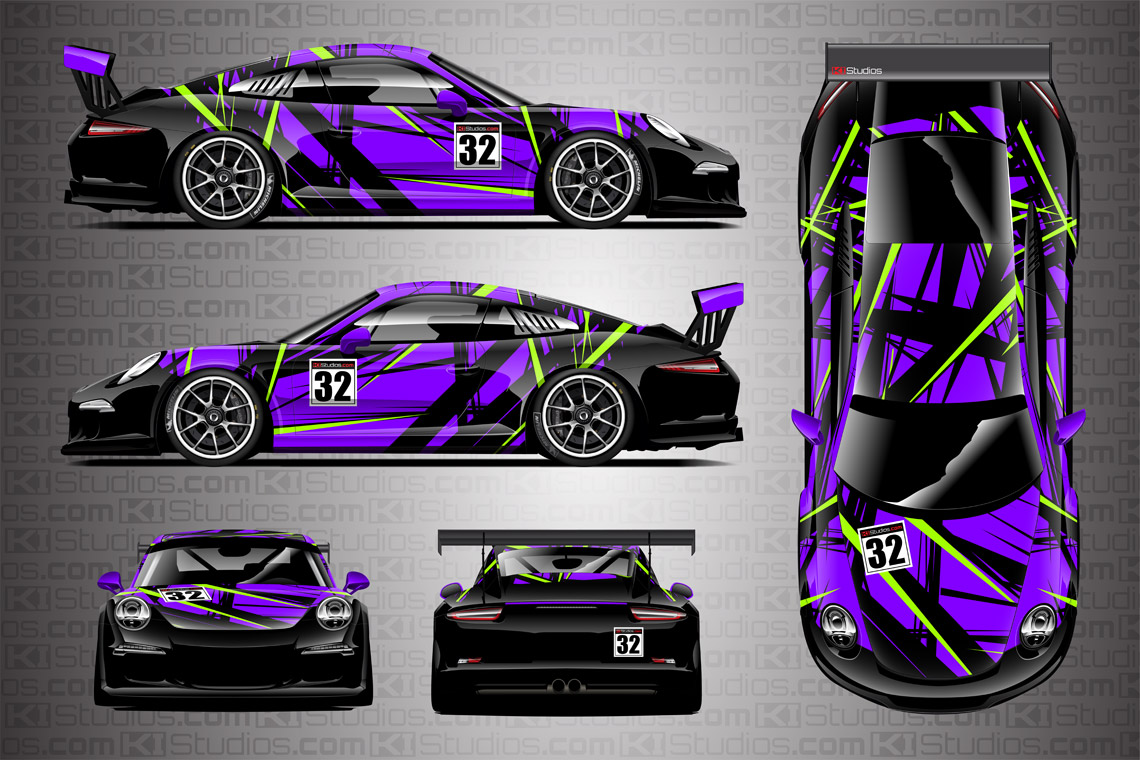 Porsche Cup Racing Livery "Shredded" by KI Studios in color combo: purple, lime green and black