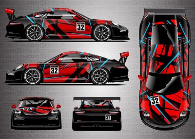 Porsche Cup Racing Livery "Shredded" by KI Studios in color combo: red, sky blue and black