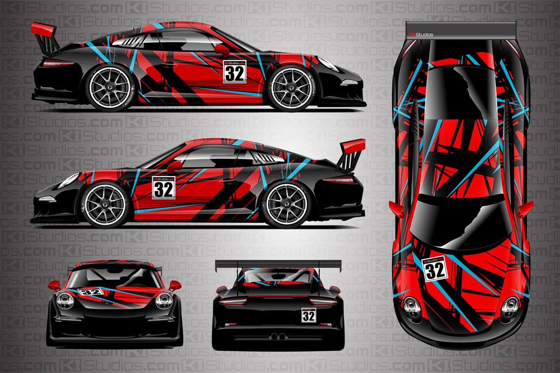 Porsche Cup Racing Livery "Shredded" by KI Studios in color combo: red, sky blue and black