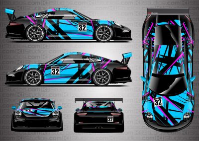 Porsche Cup Racing Livery "Shredded" by KI Studios in color combo: sky blue, hot pink and black