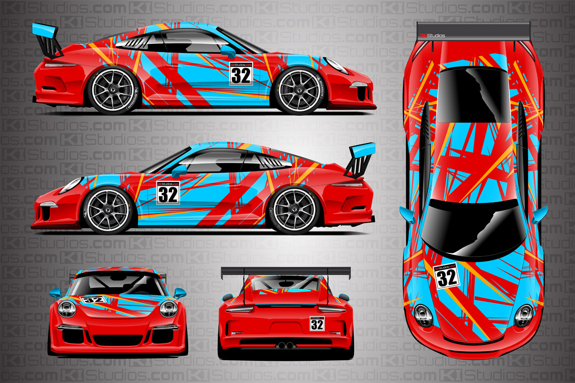 Porsche Cup Racing Livery "Shredded" by KI Studios in color combo: sky blue, orange and red