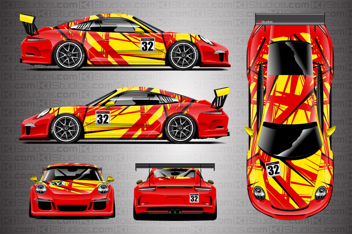 Porsche Cup Racing Livery "Shredded" by KI Studios in color combo: yellow, black and red