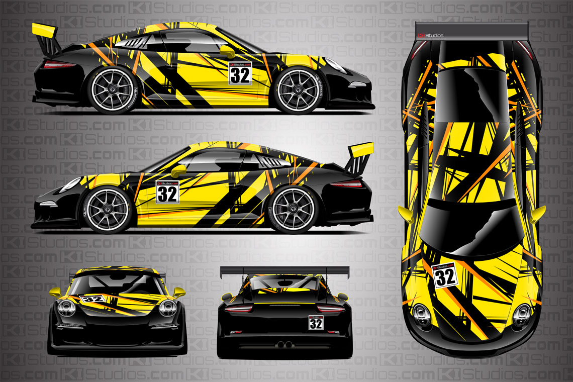 Porsche Cup Racing Livery "Shredded" by KI Studios in color combo: yellow, orange and black