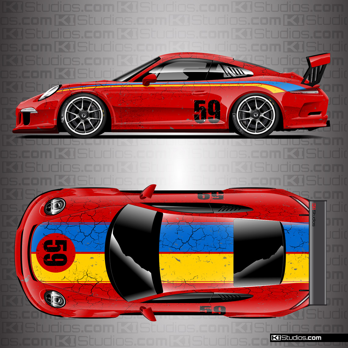 Porsche 991 GT3 Cup Car Brumos Distressed Livery by KI Studios - Red, Blue, Yellow