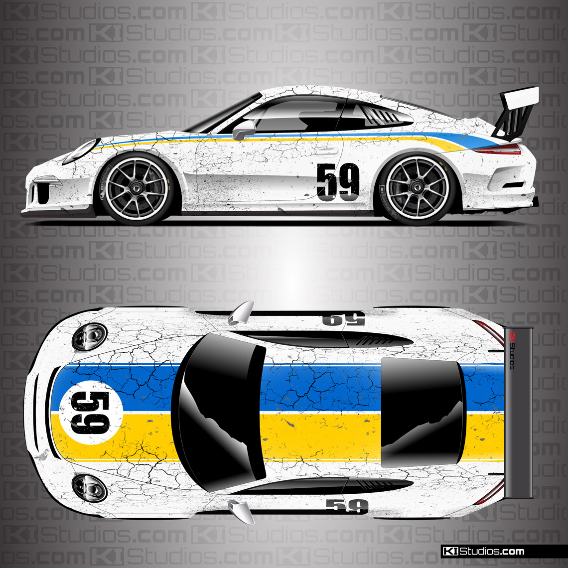 Porsche 991 GT3 Cup Car Livery by KI Studios - White, Blue, Yellow