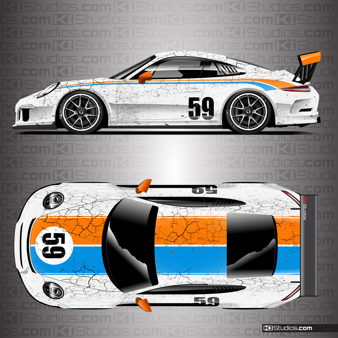 Porsche 991 GT3 Cup Car Livery by KI Studios - White, Orange, Blue
