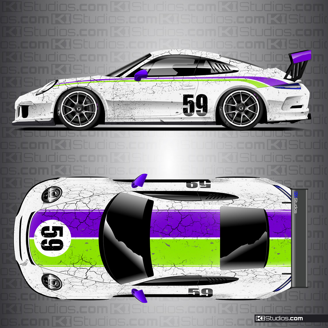 Porsche 991 GT3 Cup Car Livery by KI Studios - White, Purple, Lime Green
